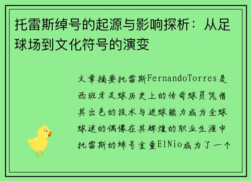 托雷斯绰号的起源与影响探析:从足球场到文化符号的演变 托雷斯绰号的起源与影响探析:从足球场到文化符号的演变