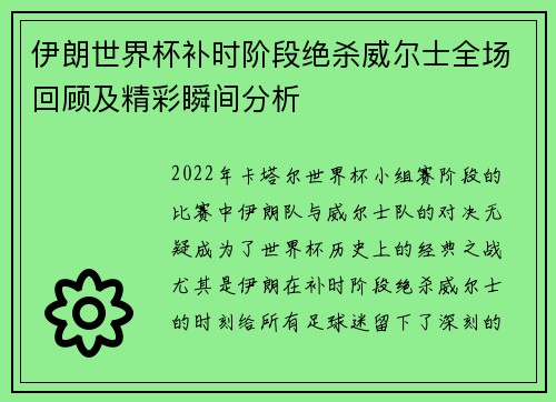 伊朗世界杯补时阶段绝杀威尔士全场回顾及精彩瞬间分析 伊朗世界杯补时阶段绝杀威尔士全场回顾及精彩瞬间分析
