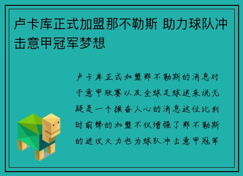 卢卡库正式加盟那不勒斯 助力球队冲击意甲冠军梦想 卢卡库正式加盟那不勒斯 助力球队冲击意甲冠军梦想